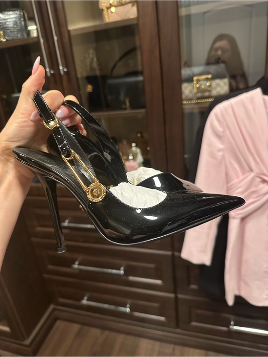 Versace Shoes - Black Patent Leather Pointed-Toe Slingback Pumps with Gold Accent include box